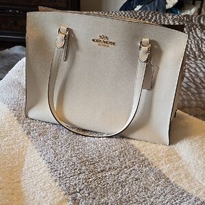 Coach Cream Textured Leather Tote with Gold Accents
